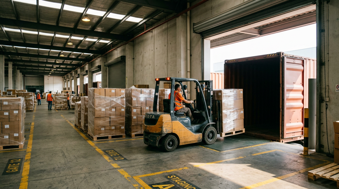 Finished-goods pallets staged beside a freight container at an export warehouse in China.