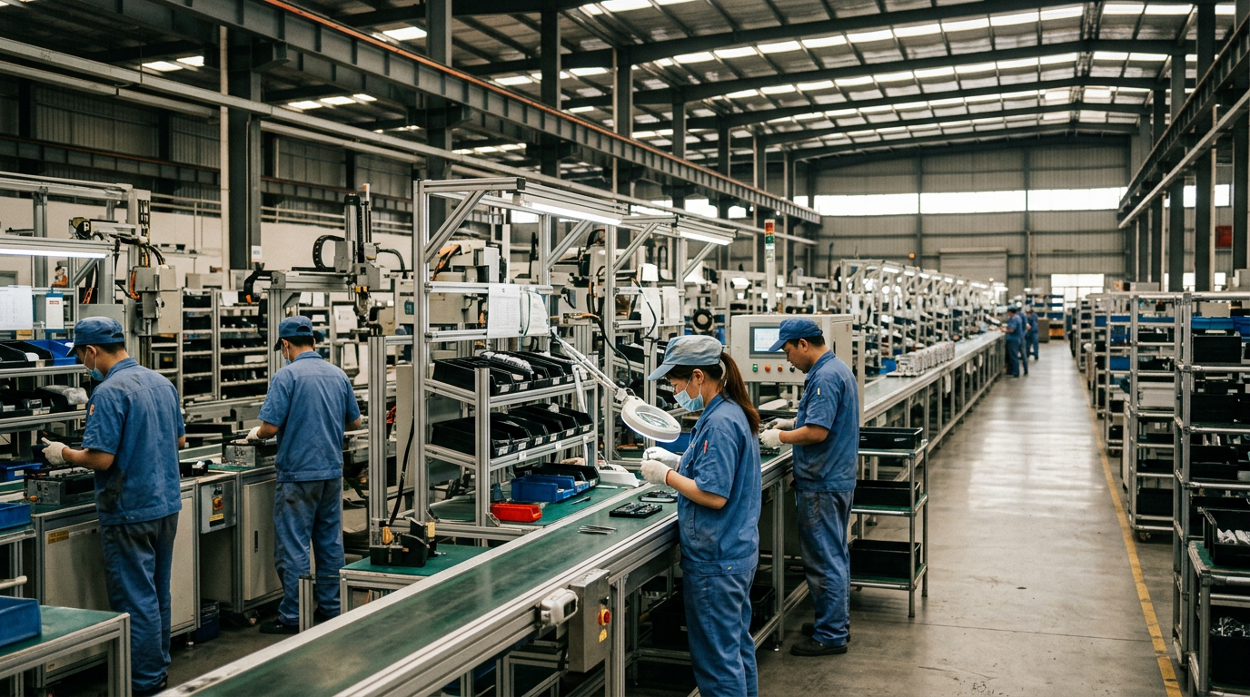 Production line and workers inside a modern factory in China