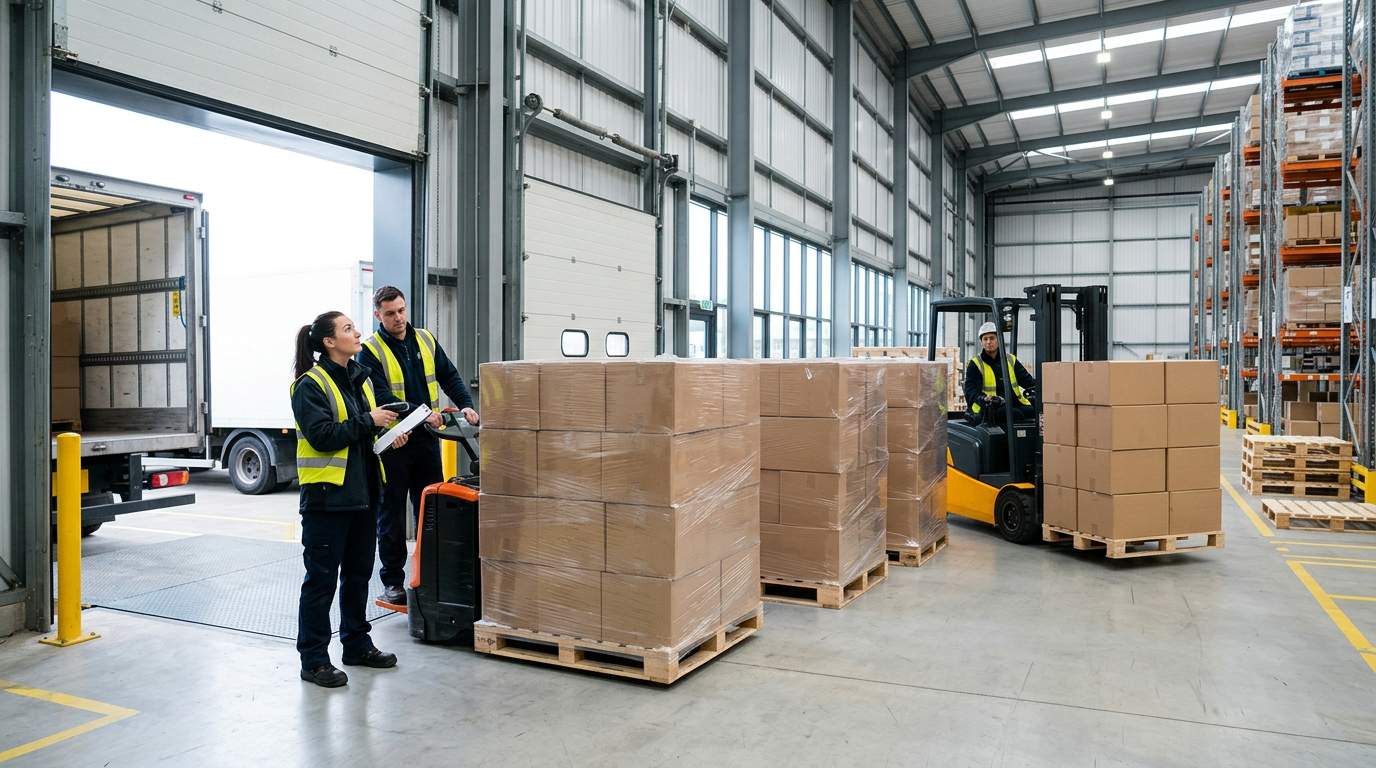 Finished goods being received into a modern distribution warehouse.